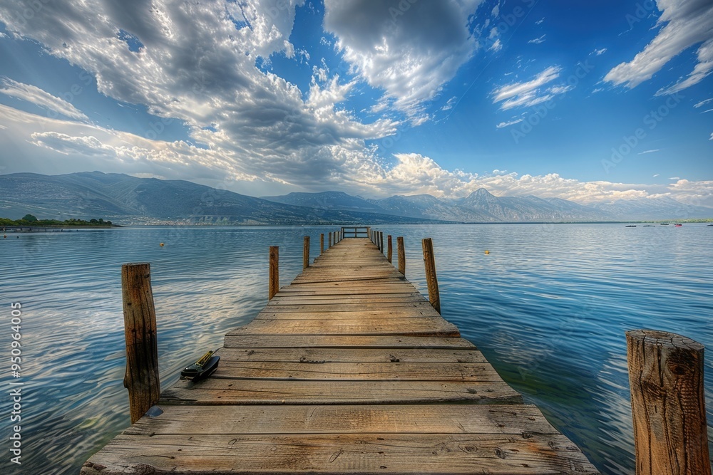 Fototapeta premium A wooden pier stretches out into the calm water with a peaceful atmosphere