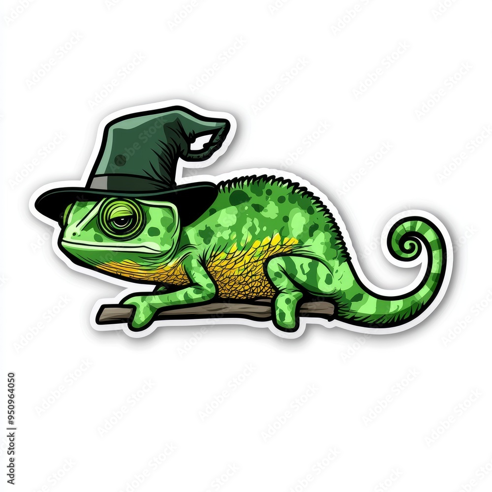 Fototapeta premium Chameleon Wizard with a Hat and Stick