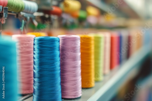 Colorful spools of sewing threads arranged neatly in a vibrant textile workshop during daylight hours