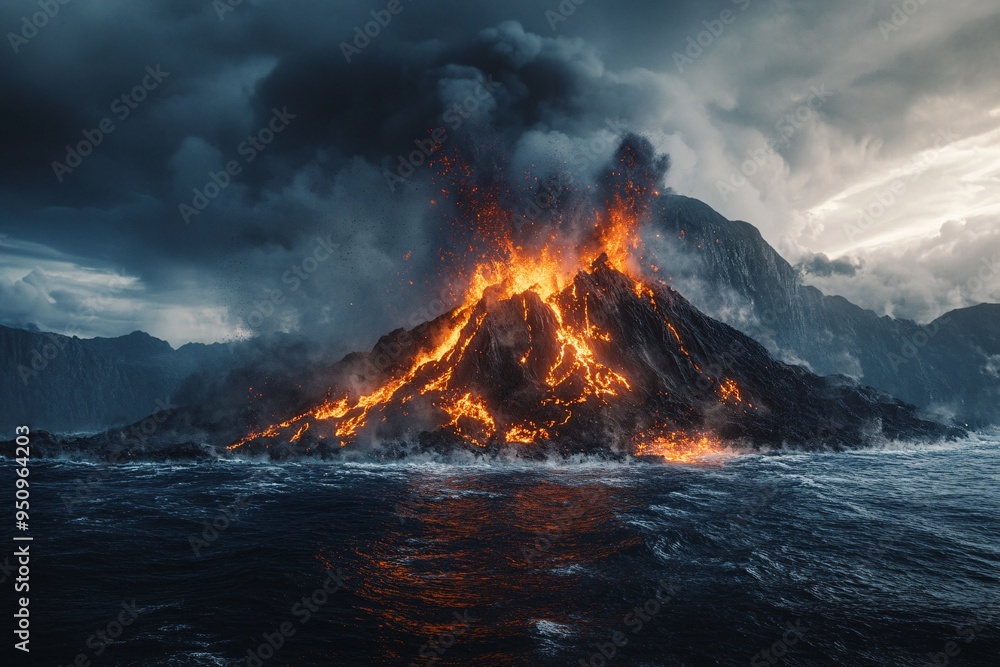 Naklejka premium Erupting Volcano in Ocean