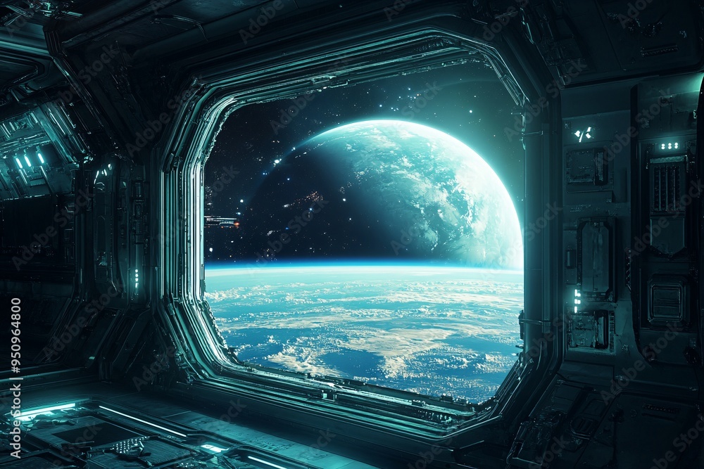 Spaceship Window View of Blue Planet and Stars Spaceship Window View of Blue Planet and Stars
