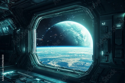 Fototapeta Naklejka Na Ścianę i Meble -  Spaceship Window View of Blue Planet and Stars