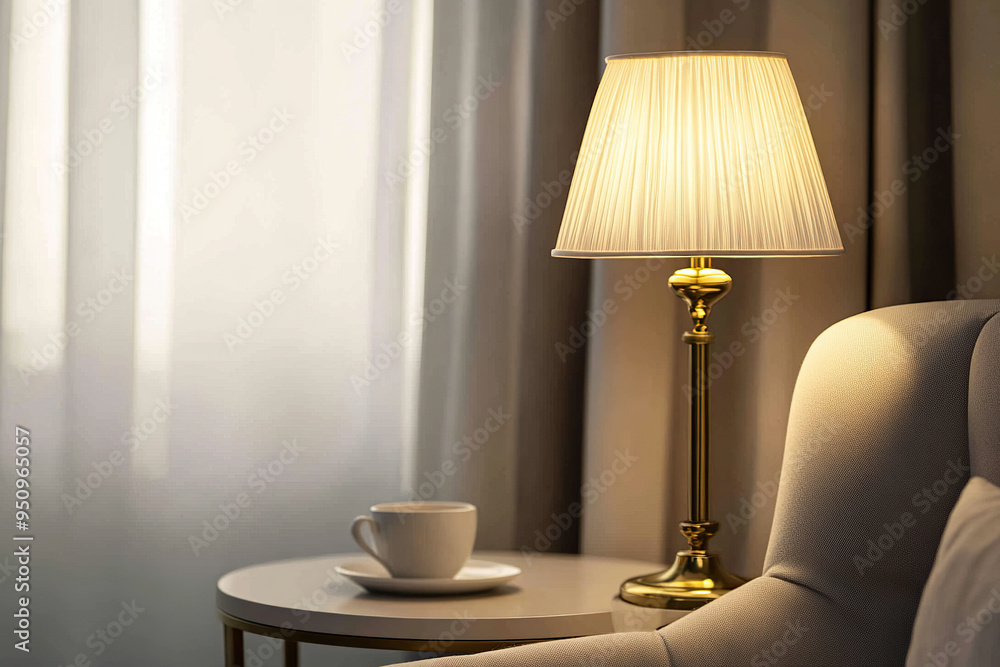 Close-up of a cup with a saucer next to a lit lamp with warm lighting on a round coffee table next to a cozy beige armchair against the background of a window with white curtains in a modern hotel. Close-up of a cup with a saucer next to a lit lamp with warm lighting on a round coffee table next to a cozy beige armchair against the background of a window with white curtains in a modern hotel.