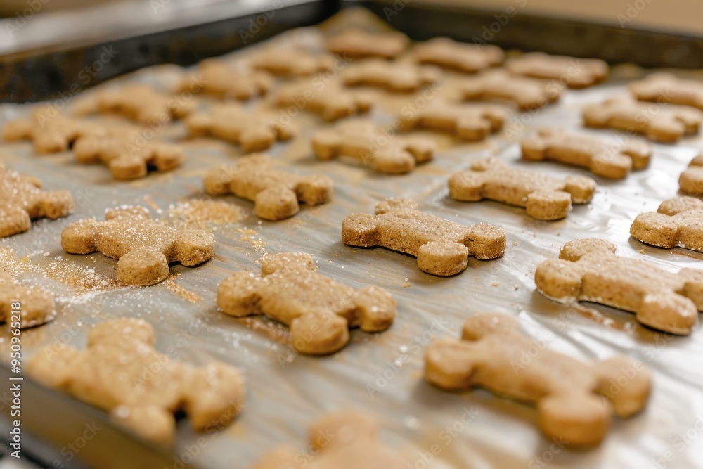 Bone and paw print dog treats on parchment paper on baking pan Bone and paw print dog treats on parchment paper on baking pan