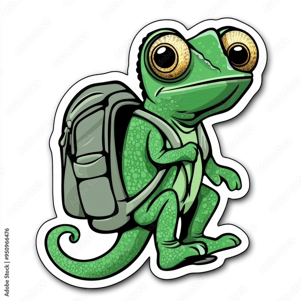 Obraz premium Chameleon with Backpack Cartoon Illustration