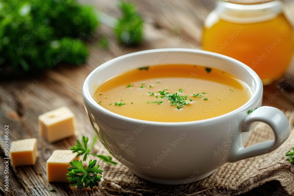 Bouillon soup served in a wooden bowl Bouillon soup served in a wooden bowl