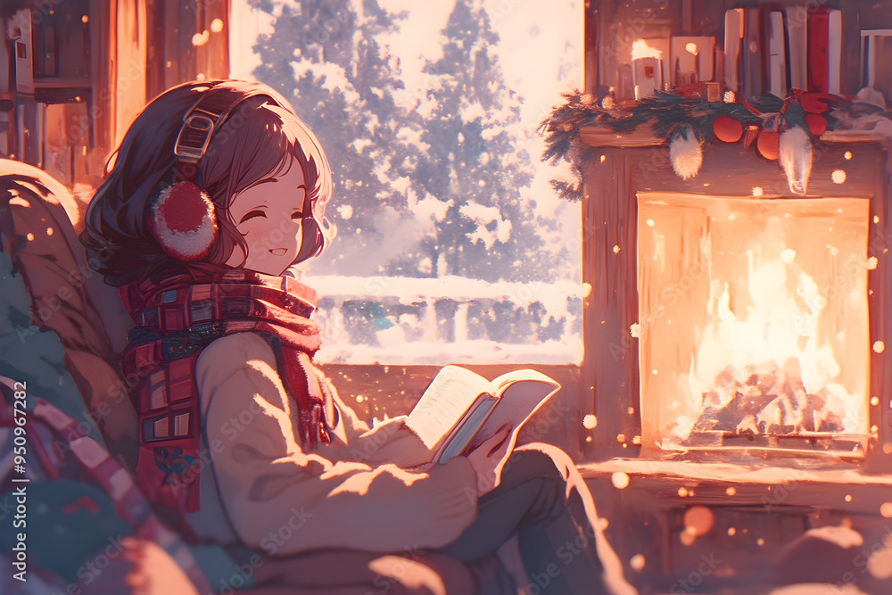 Cozy Girl reading a book by the fireplace with a snowy forest view through the window. Anime style, Cozy vibes Cozy Girl reading a book by the fireplace with a snowy forest view through the window. Anime style, Cozy vibes