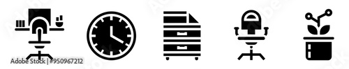 Workspace icon set. Office. Desk with computer, chair, filing cabinet, wall clock, indoor plant. Solid icons. Vector illustration