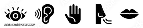 Human body senses icon set. Sensory. Eye, ear, hand, nose, mouth. Solid icons. Vector illustration