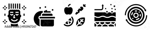 Skin regeneration icon set. Health and wellness. Renewed skin, moisturizer, exfoliation, healthy eating, regenerative cells. Solid icons. Vector illustration