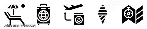 Spring break icon set. Travel. Beach, lounge chair with umbrella, passport, airplane, luggage suitcase, ice cream, map, compass. Solid icons. Vector illustration