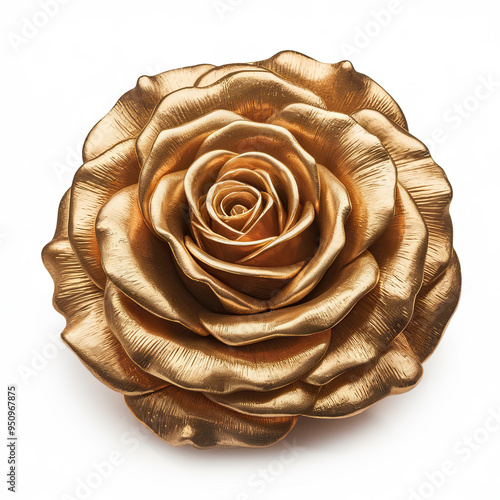 Golden rose with intricate details in full bloom, displaying multiple layers and a symmetrical pattern against a white background