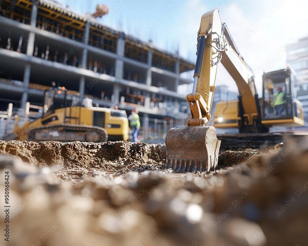 A construction team laying the foundation of a building, with machinery and materials in the background, foundation work, construction project A construction team laying the foundation of a building, with machinery and materials in the background, foundation work, construction project