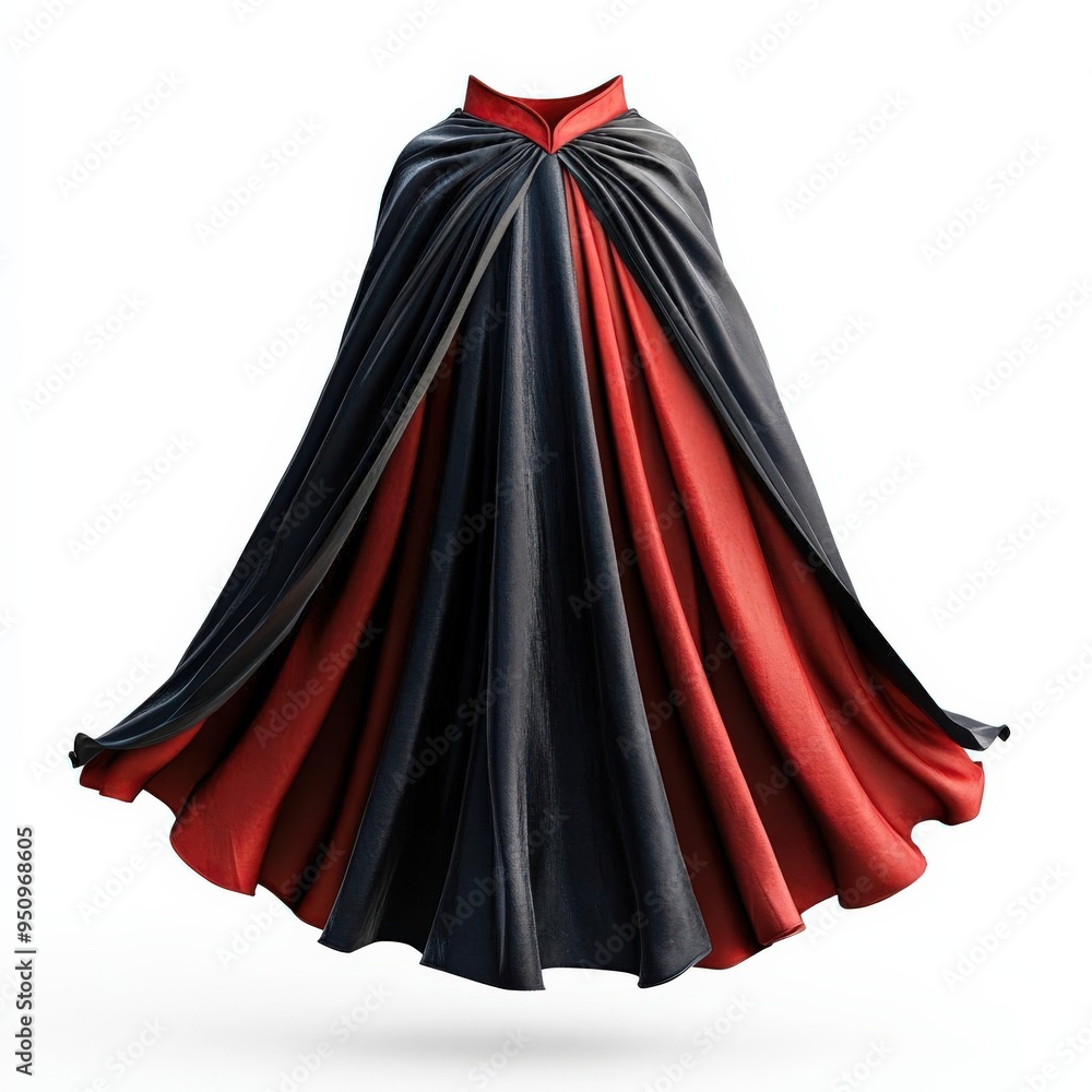 Photo of a black and red vampire cape with a high collar, floating in mid-air, no shadow, on isolated white background Photo of a black and red vampire cape with a high collar, floating in mid-air, no shadow, on isolated white background