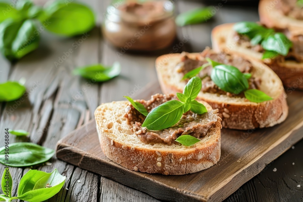Bread slices with tasty pate and basil on wooden surface closeup Bread slices with tasty pate and basil on wooden surface closeup