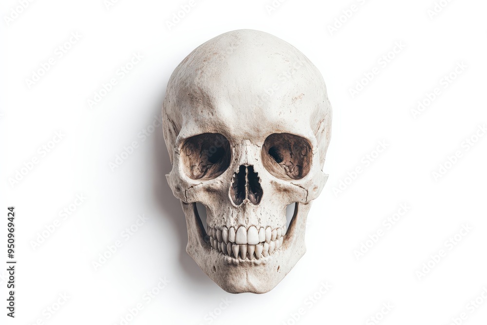 A floating skull with hollow eye sockets, no shadow, on an isolated white background A floating skull with hollow eye sockets, no shadow, on an isolated white background