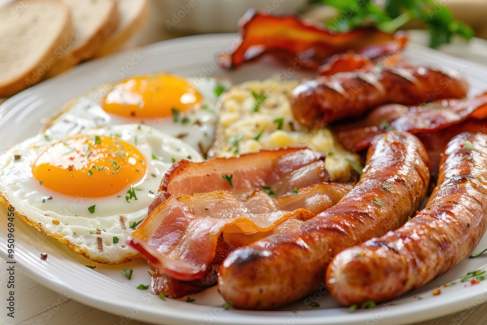 Breakfast with eggs sausages bacon and hash browns Breakfast with eggs sausages bacon and hash browns