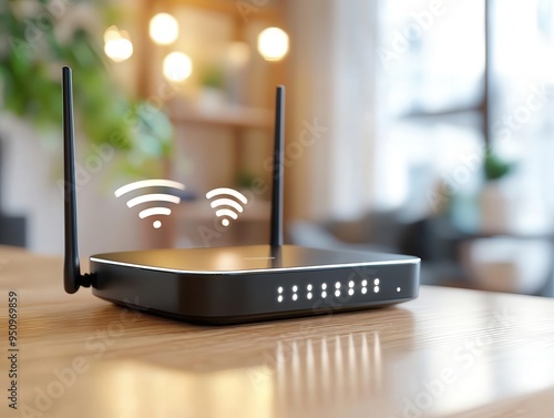 Router on a wooden desk, with soft lighting, emitting steady WiFi signals, representing home comfort and reliable connectivity