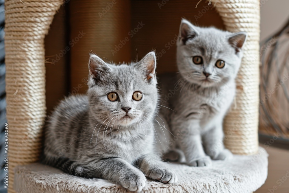 British shorthair cat and her kitten perched on cat tower British shorthair cat and her kitten perched on cat tower
