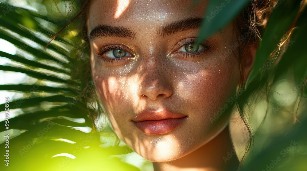 Model with glowing skin from natural highlighter, surrounded by sunlight and greenery, natural beauty, cosmetic radiance Model with glowing skin from natural highlighter, surrounded by sunlight and greenery, natural beauty, cosmetic radiance