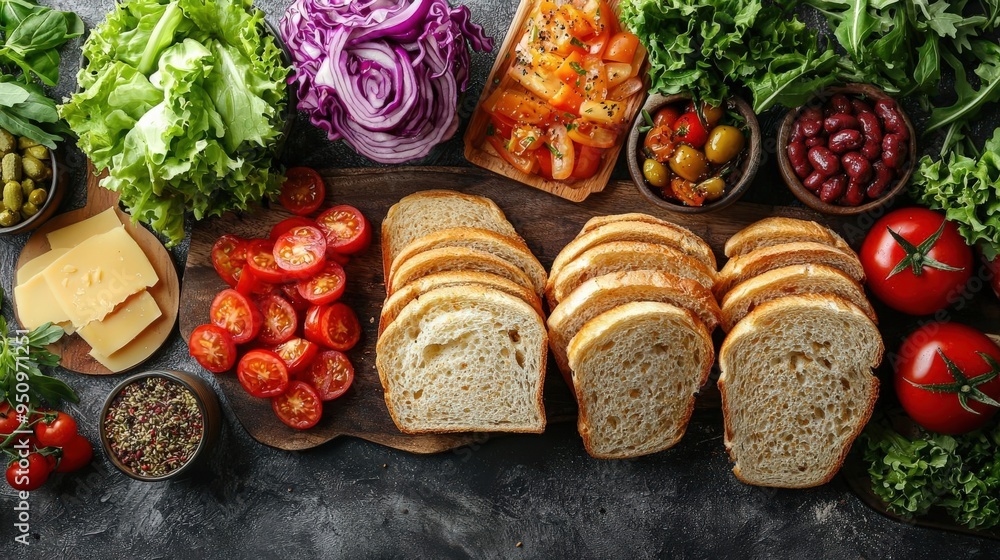 Artistic flat lay of various sandwich breads with ingredients like lettuce, tomatoes, and cheese, bread for sandwiches, food preparation Artistic flat lay of various sandwich breads with ingredients like lettuce, tomatoes, and cheese, bread for sandwiches, food preparation