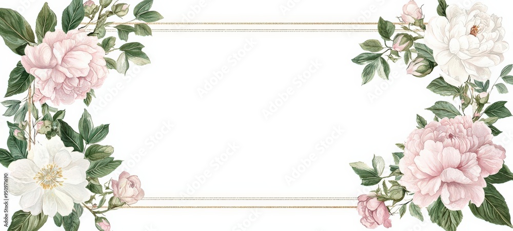 A rectangular floral frame with large, detailed flowers, green leaves, and delicate buds adorning the corners, set against a white background with a thin, elegant gold border A rectangular floral frame with large, detailed flowers, green leaves, and delicate buds adorning the corners, set against a white background with a thin, elegant gold border