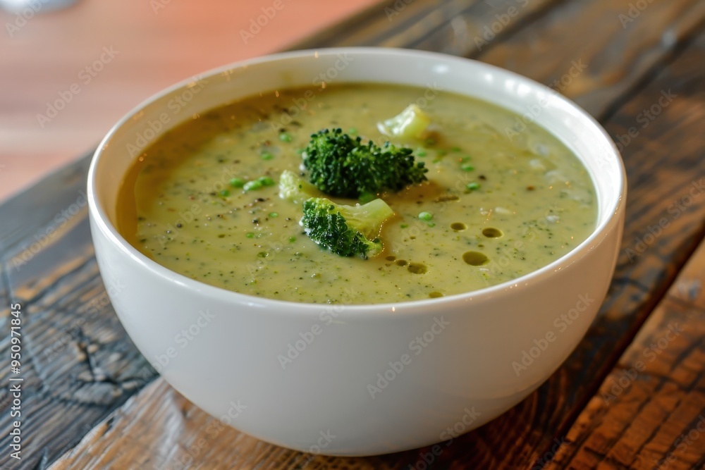 Broccoli soup in white bowl with stems slices on wooden table Broccoli soup in white bowl with stems slices on wooden table
