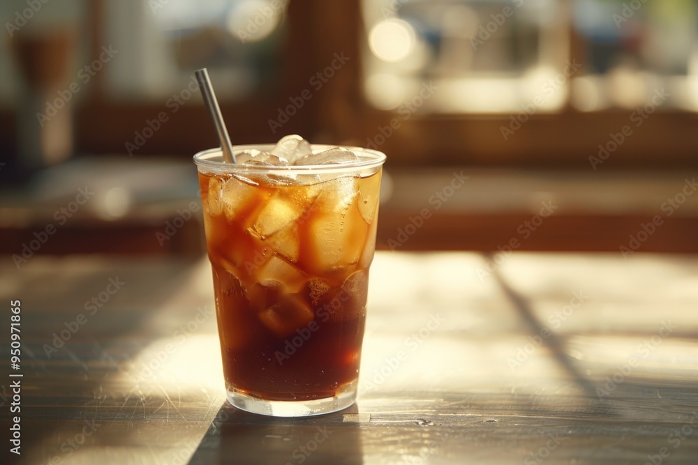 A refreshing glass of iced coffee sitting on a wooden table, perfect for a hot summer day or office break A refreshing glass of iced coffee sitting on a wooden table, perfect for a hot summer day or office break