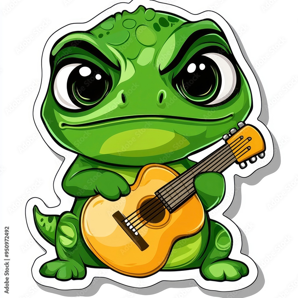 Fototapeta premium Cute Green Lizard Playing Guitar Sticker