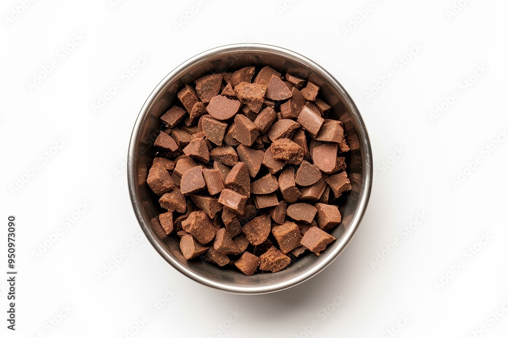 Brown kibble in metal bowl top view white background Healthy cat food Brown kibble in metal bowl top view white background Healthy cat food