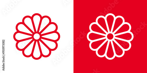 日本の家紋の菊の花の線画アイコン＿紅白