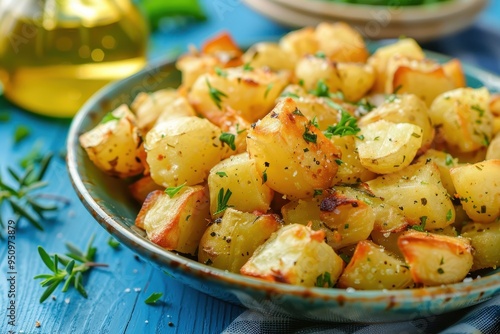 Browned hashed potatoes on blue table close up view