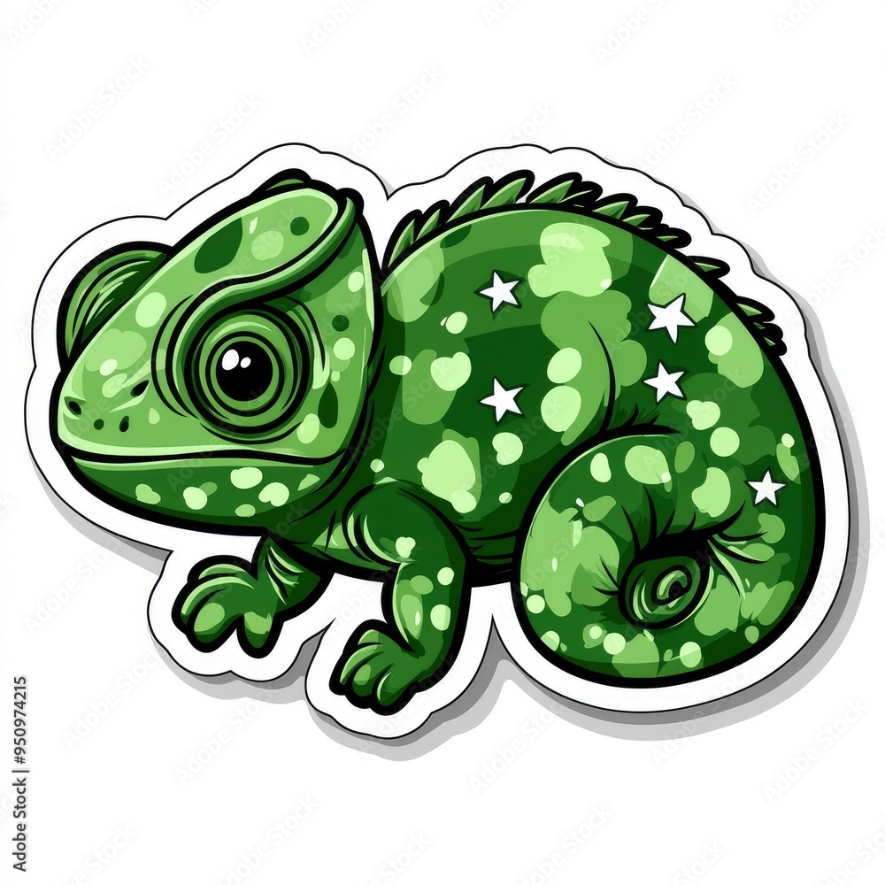 Fototapeta premium Cartoon Green Chameleon Sticker Illustration