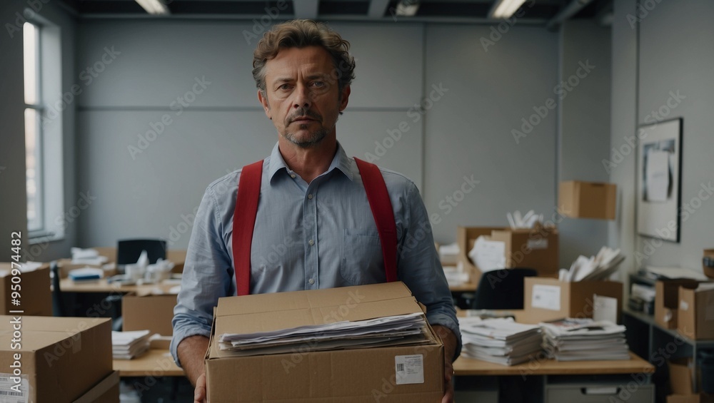 Serious man in office holding a cardboard box of papers and folders Serious man in office holding a cardboard box of papers and folders