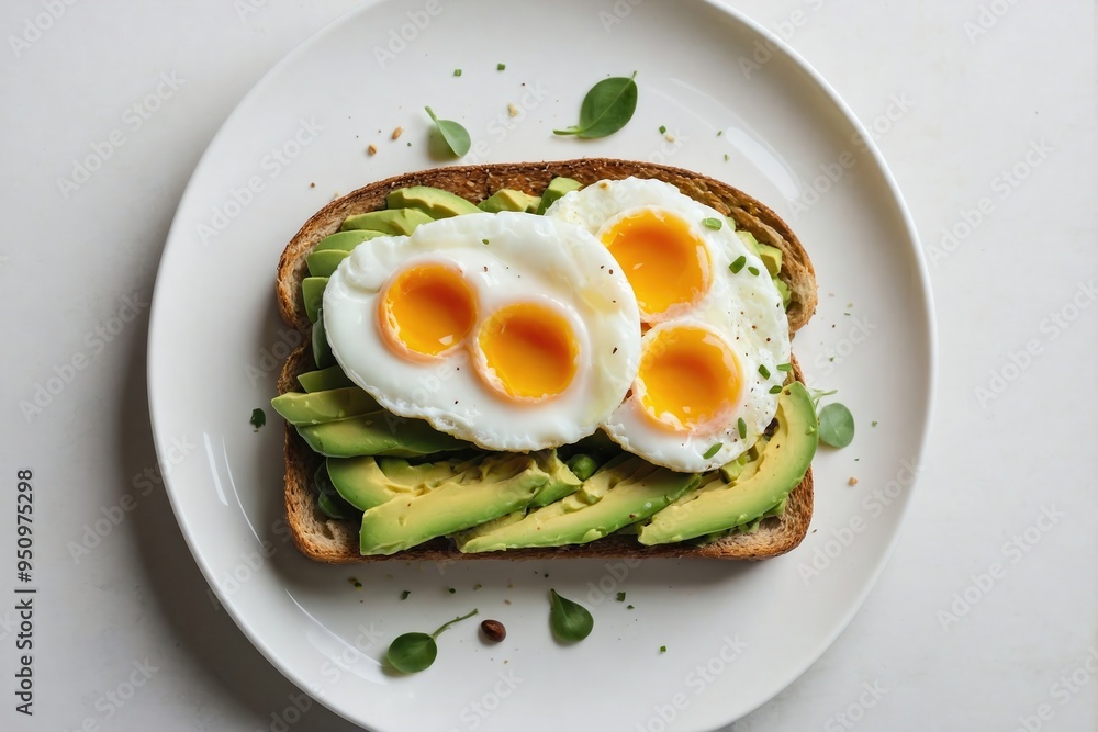 Avocado Toast: Avocado toast with a poached egg on top, arranged on a plain white surface. Avocado Toast: Avocado toast with a poached egg on top, arranged on a plain white surface.