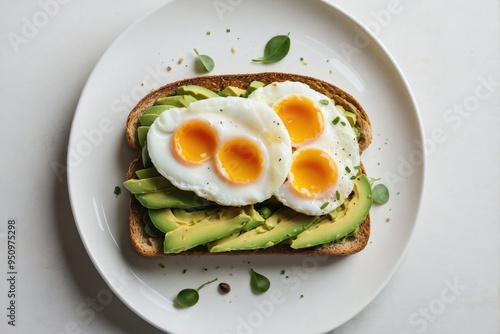 Avocado Toast: Avocado toast with a poached egg on top, arranged on a plain white surface.