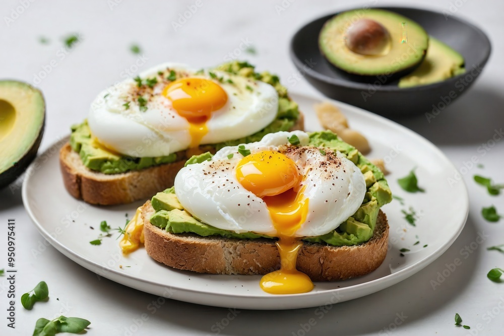 Avocado Toast: Avocado toast with a poached egg on top, arranged on a plain white surface. Avocado Toast: Avocado toast with a poached egg on top, arranged on a plain white surface.