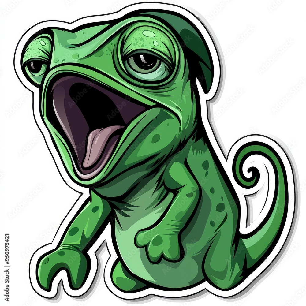 Obraz premium Cartoon Green Chameleon with Open Mouth Sticker