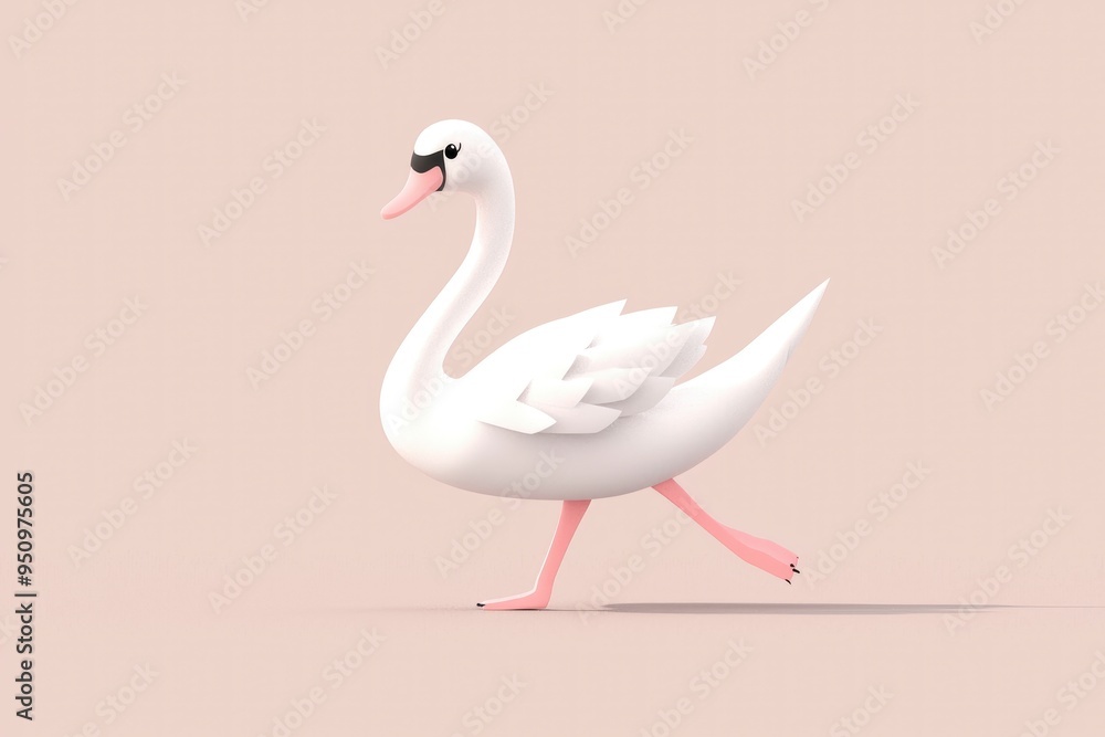 Fototapeta premium Cute 3D White Swan Walking on Pink Background