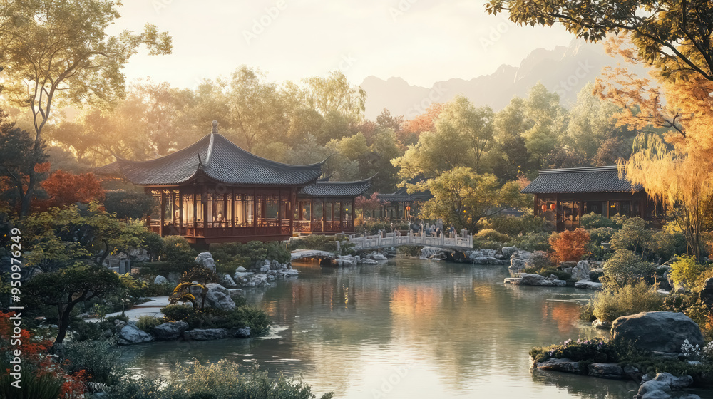 Tranquil Traditional Chinese Garden at Sunset Tranquil Traditional Chinese Garden at Sunset