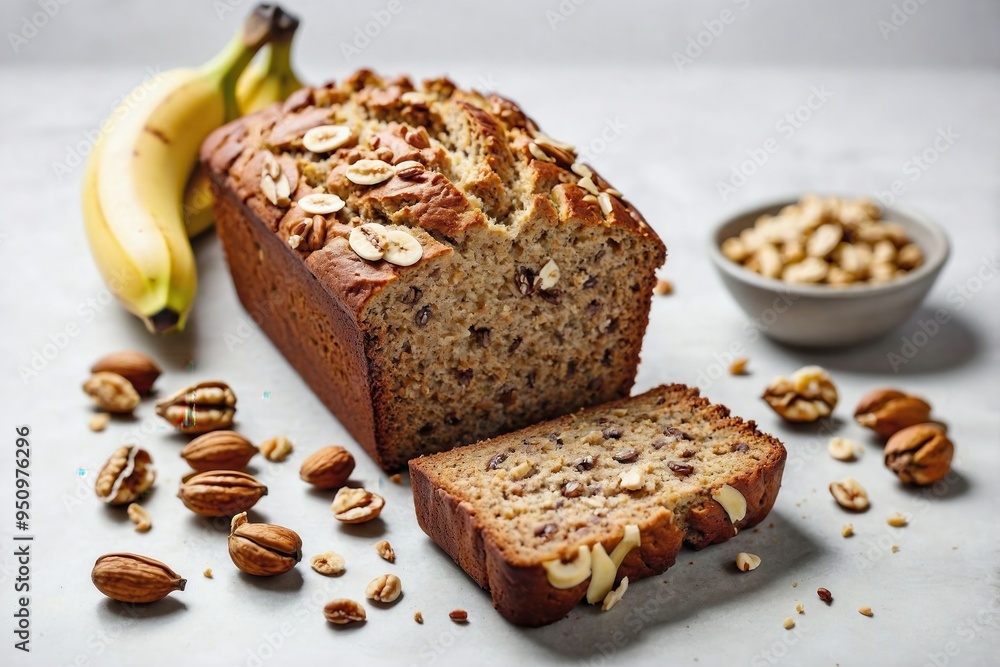 Banana Bread: A loaf of banana bread with a few slices cut off, displayed on a plain white surface. Banana Bread: A loaf of banana bread with a few slices cut off, displayed on a plain white surface.