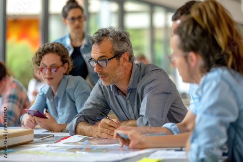 Group of people gathered around a table, possibly in a meeting or conference setting