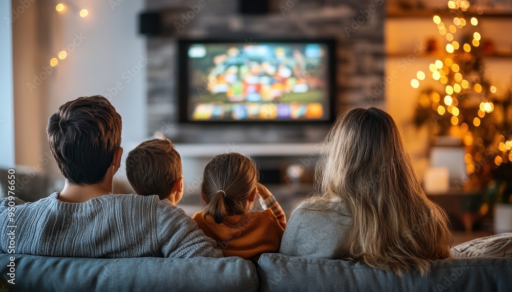 Family Watching TV Together in Cozy Living Room During the Holidays Family Watching TV Together in Cozy Living Room During the Holidays