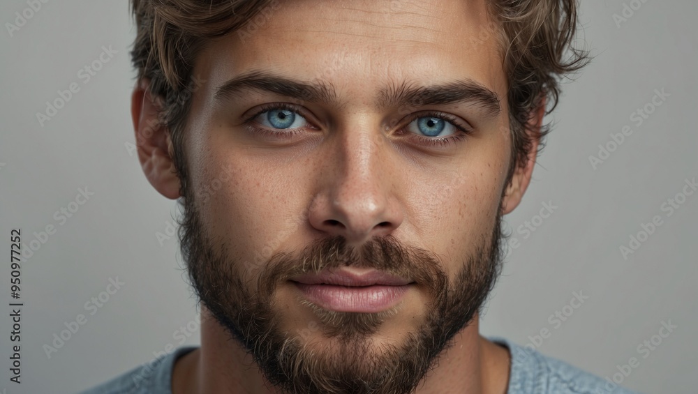 Obraz premium Serious man with blue eyes and beard looking directly at camera.