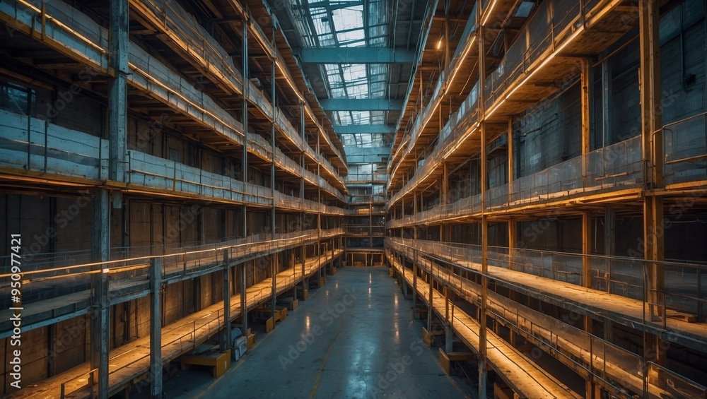 Spacious empty warehouse with illuminated shelves and skylight Spacious empty warehouse with illuminated shelves and skylight