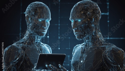 Two futuristic wireframe humanoids interact with a tablet device. photo