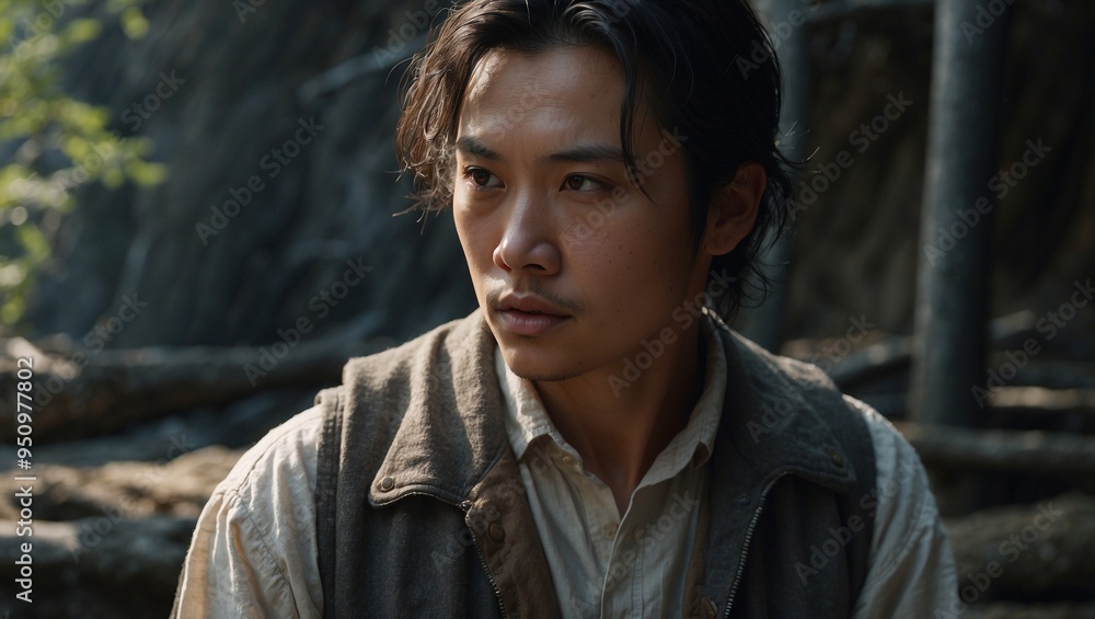 Man in a rugged outdoor setting looking into the distance Man in a rugged outdoor setting looking into the distance