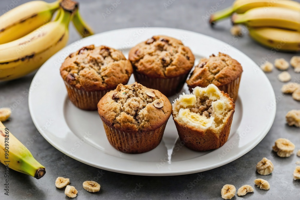 Banana Muffins: Overhead view of banana muffins arranged on a plain white plate Banana Muffins: Overhead view of banana muffins arranged on a plain white plate