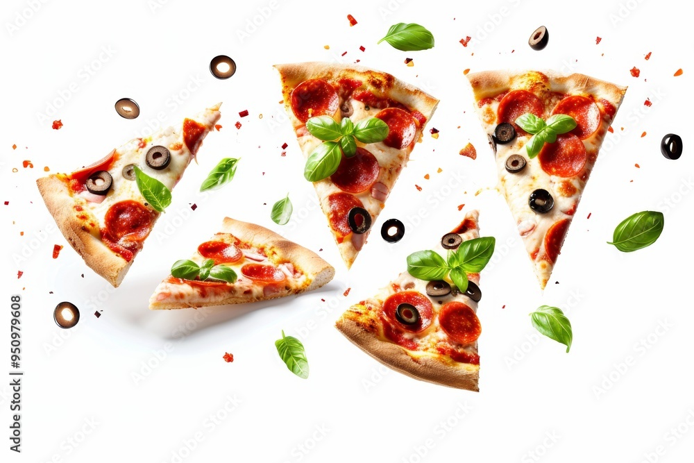 Delicious flying pizza slices with pepperoni, olives, and basil hovering against a bright white background Delicious flying pizza slices with pepperoni, olives, and basil hovering against a bright white background
