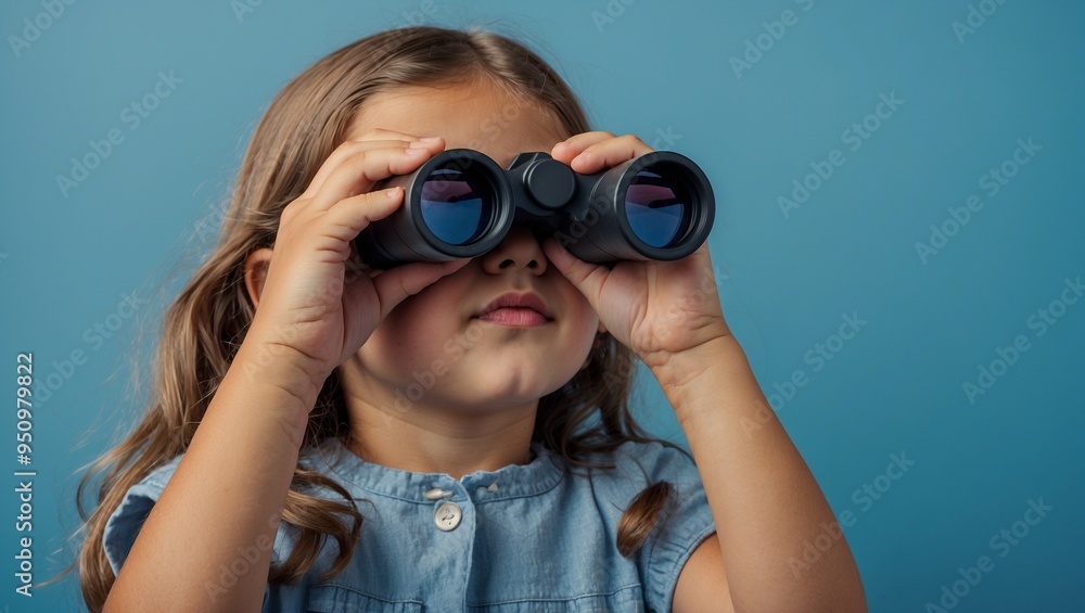 Child with binoculars gazing against a plain blue background.
